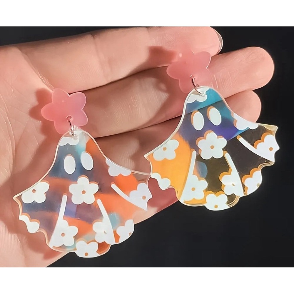 Pink Ghost‎ Earrings Opalescent Arcrylic 2.5 x 1.9